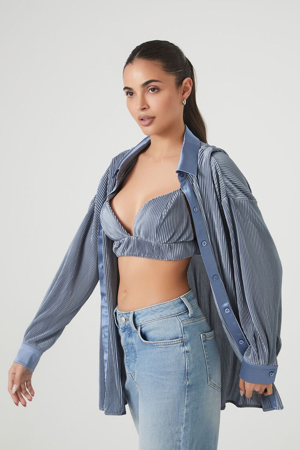 Pleated Shirt & Cropped Cami Set